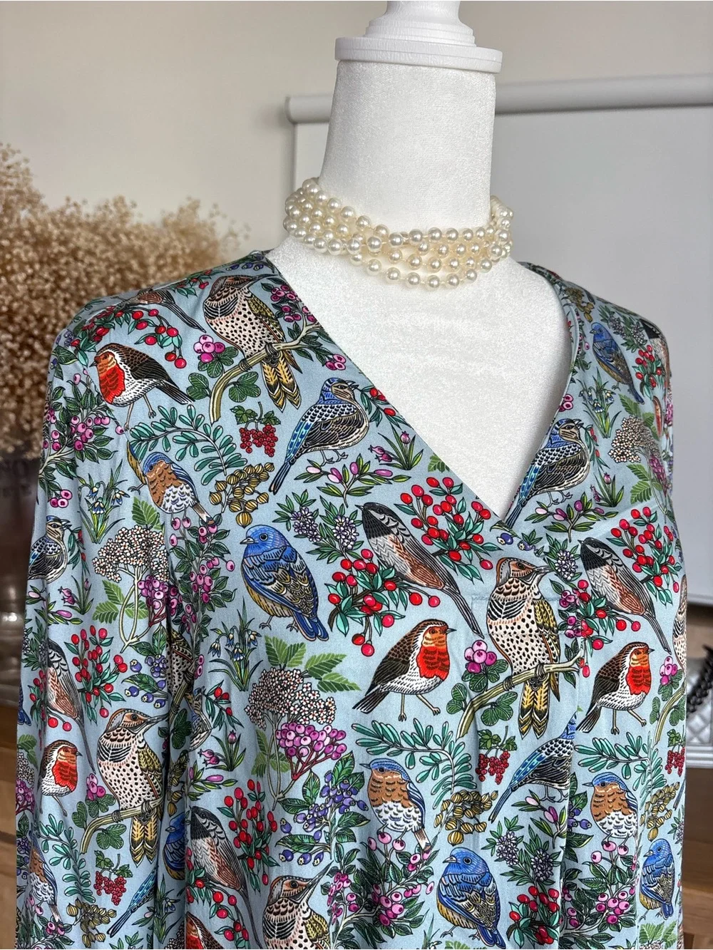 J.Jill S Bird Botanical Print Top Blouse 3/4 Sleeve EcoVero Viscose Old Money - Picture 2 of 13